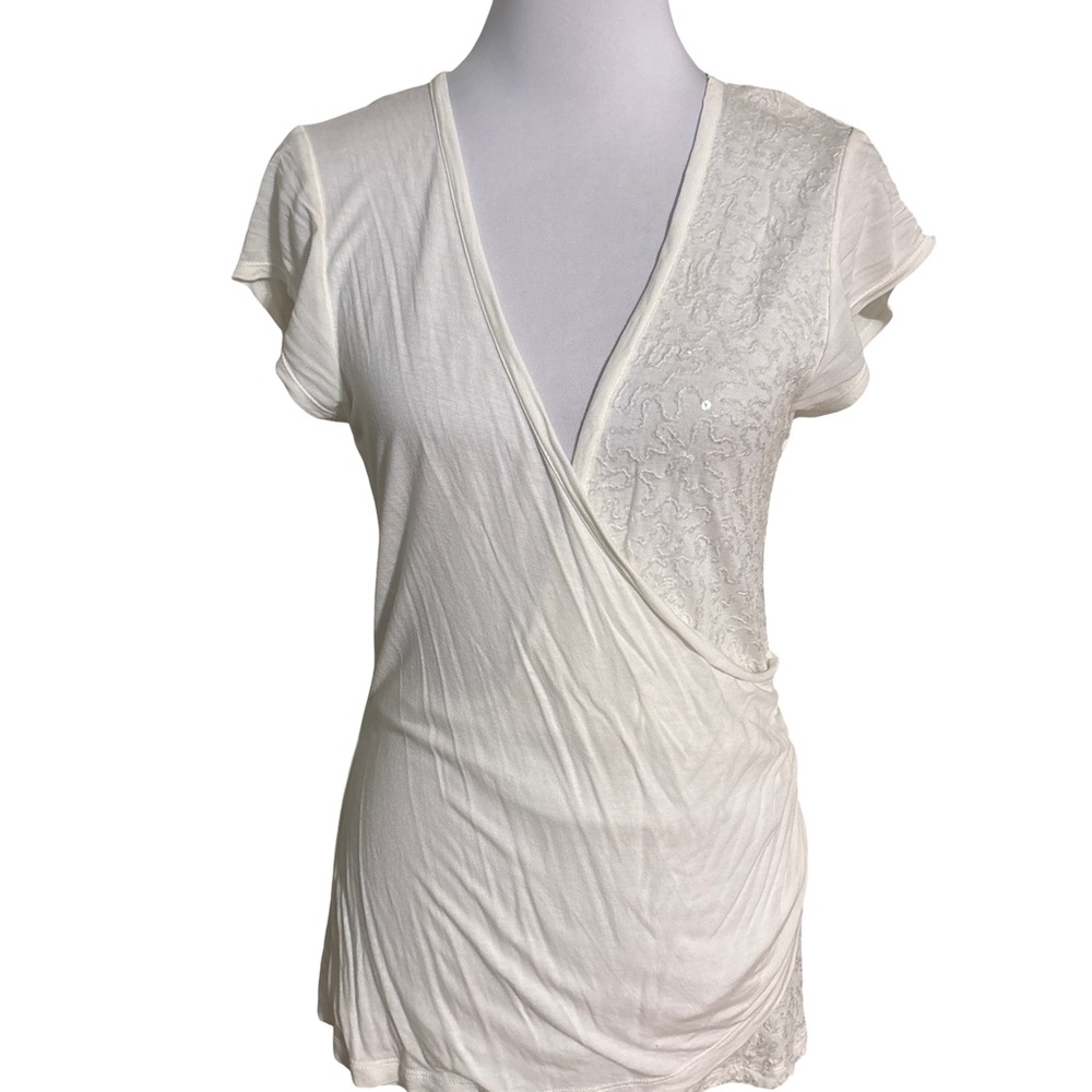 New York & Company Cream Wrap Blouse